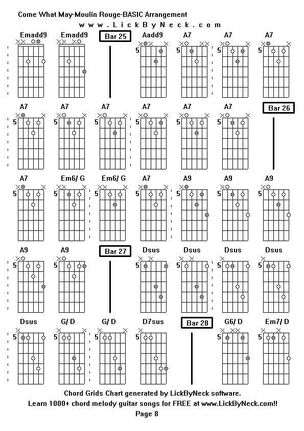 Chord Grids Chart of chord melody fingerstyle guitar song-Come What May-Moulin Rouge-BASIC Arrangement,generated by LickByNeck software.